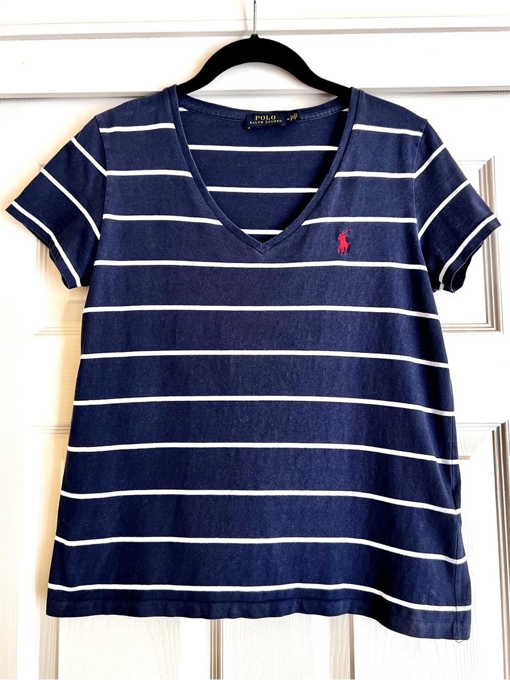 Polo Ralph Lauren Medium Striped Pony Logo T-Shirt Women V Neck Short Sleeve Top